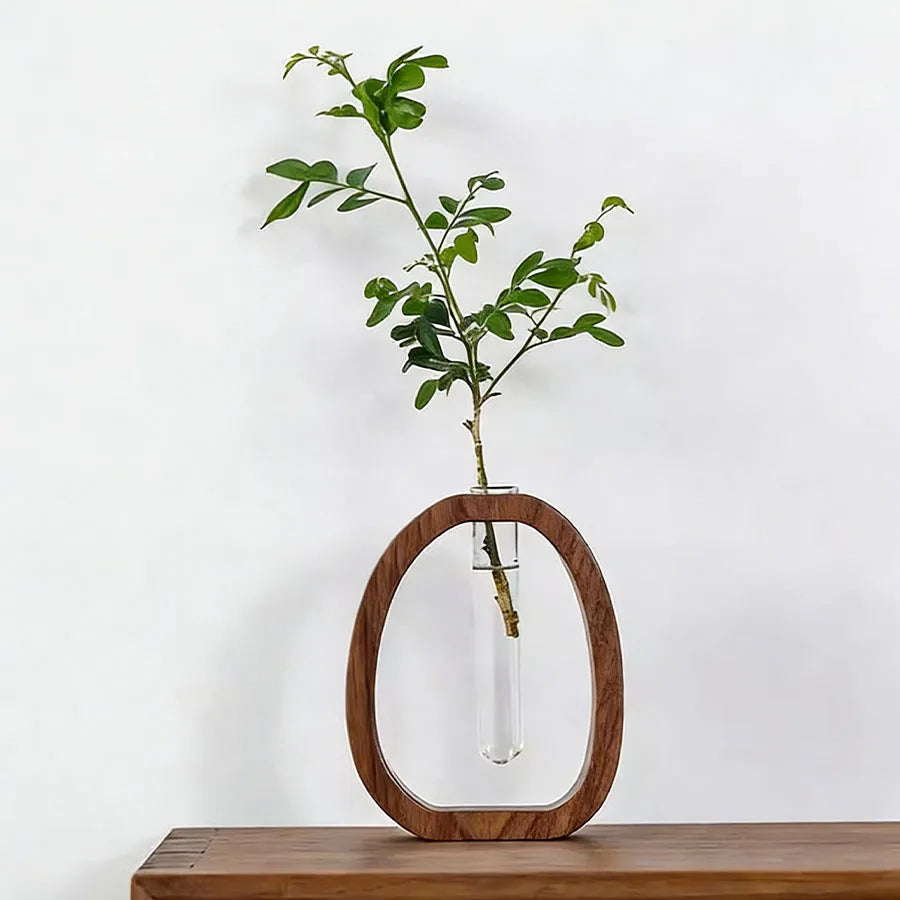 Walnut Wood Glass Hydroponic Vase DECORBITES