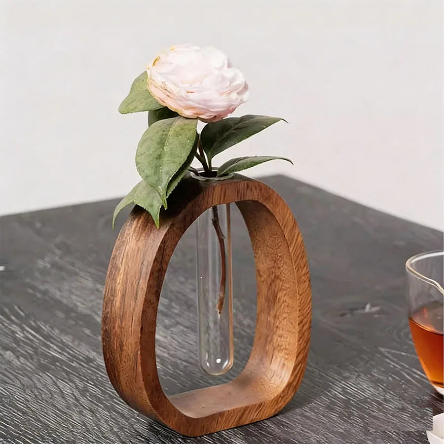 Walnut Wood Glass Hydroponic Vase DECORBITES