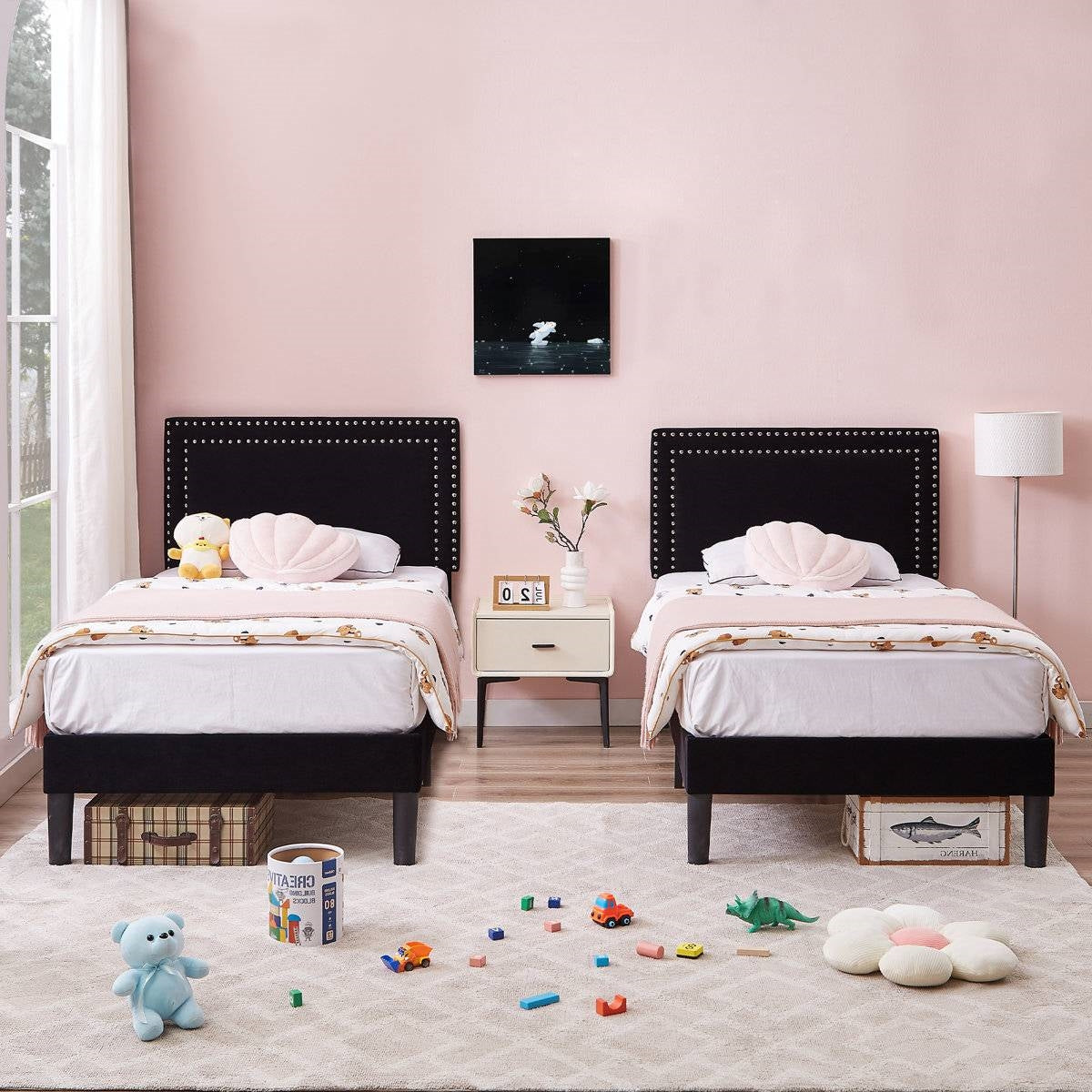 Set of 2 - Twin Dorm Style Black Tufted Upholstered Platform Bed with Headboard HomePacific