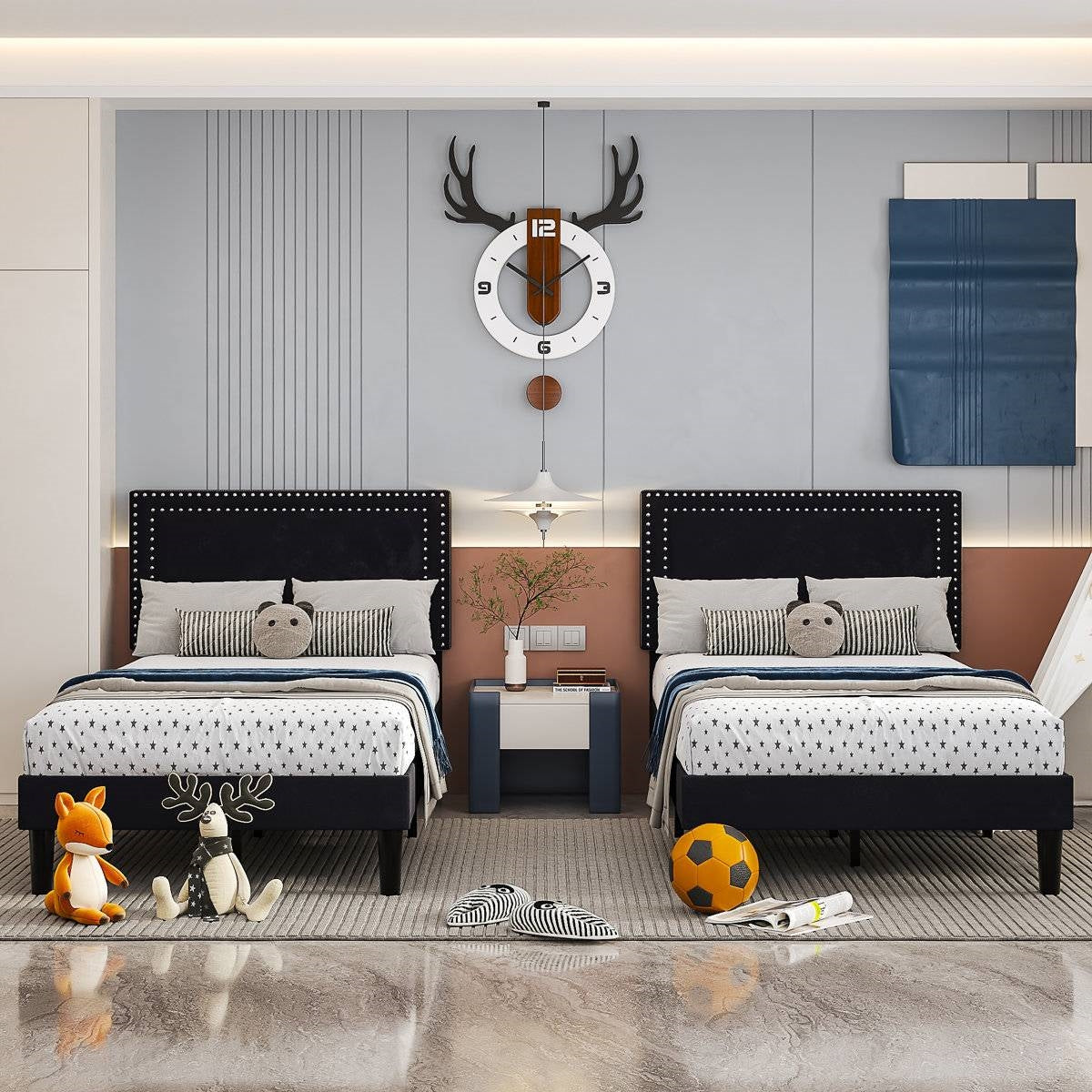 Set of 2 - Twin Dorm Style Black Tufted Upholstered Platform Bed with Headboard HomePacific