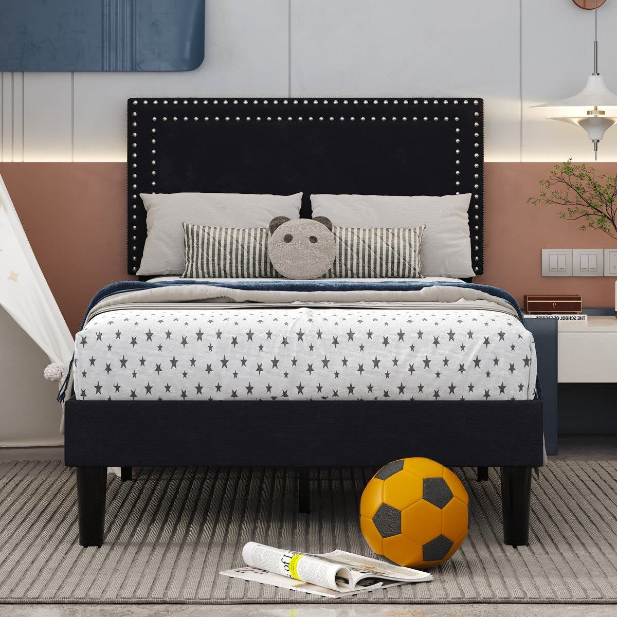 Set of 2 - Twin Dorm Style Black Tufted Upholstered Platform Bed with Headboard HomePacific
