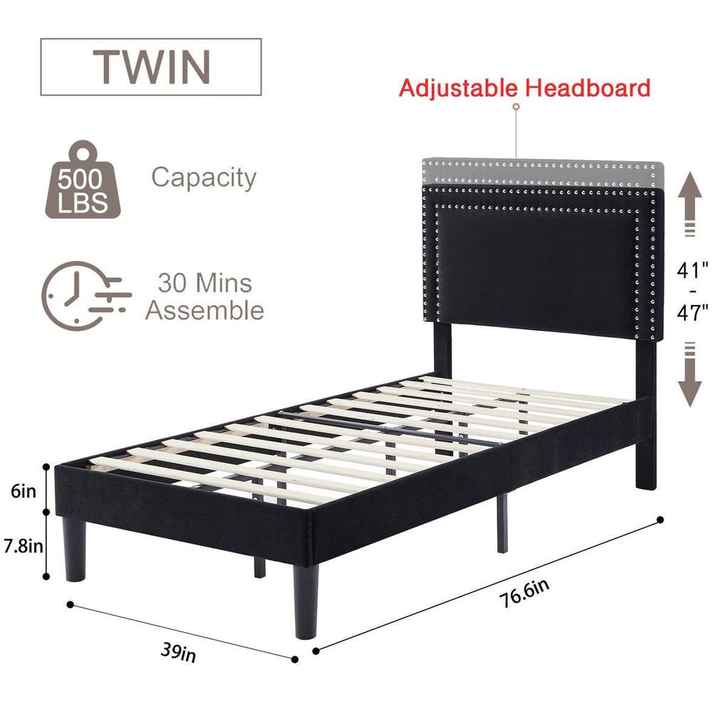 Set of 2 - Twin Dorm Style Black Tufted Upholstered Platform Bed with Headboard HomePacific