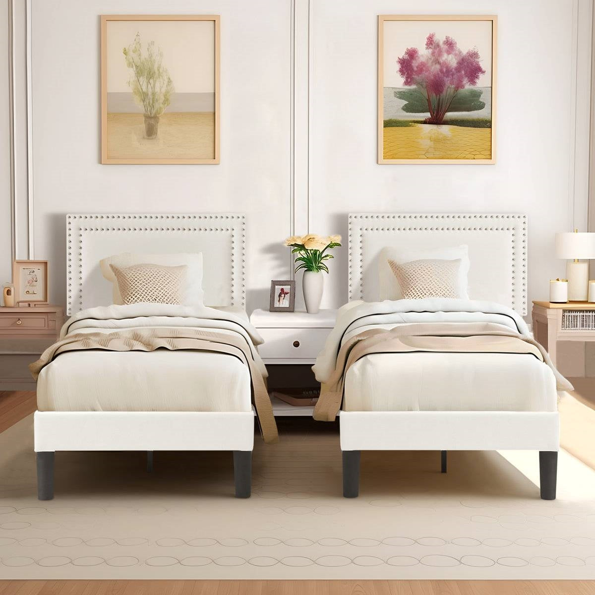 Set of 2 - Twin size White Tufted Upholstered Platform Bed Frame with Headboard HomePacific