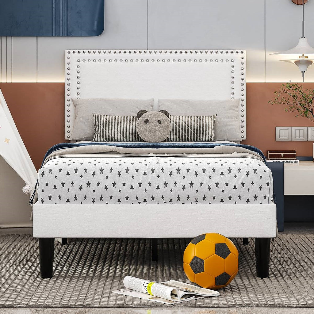 Set of 2 - Twin size White Tufted Upholstered Platform Bed Frame with Headboard HomePacific