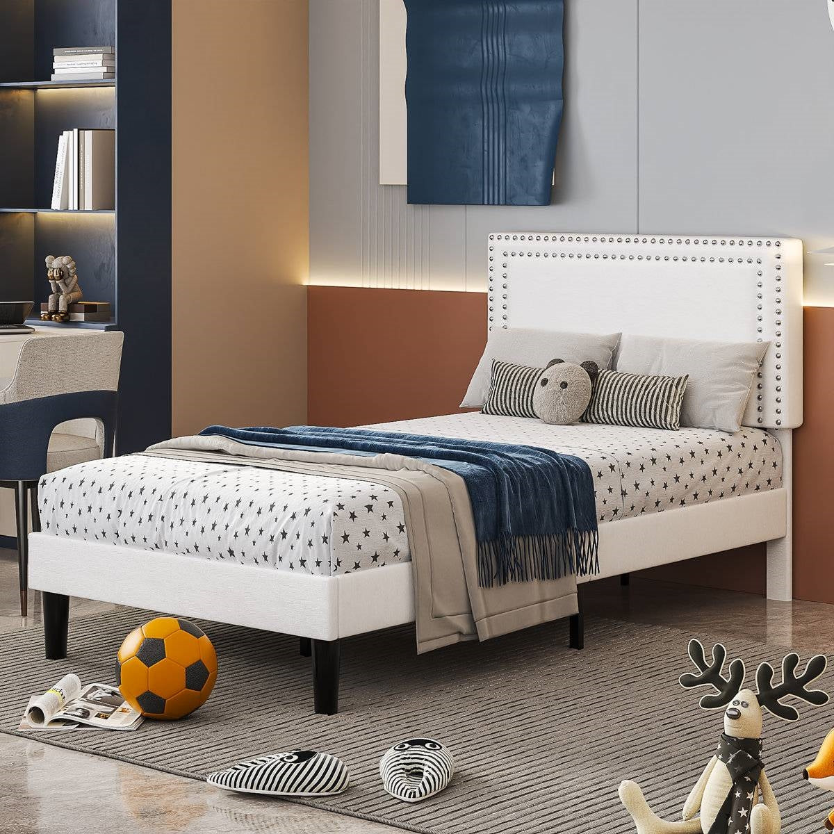 Set of 2 - Twin size White Tufted Upholstered Platform Bed Frame with Headboard HomePacific