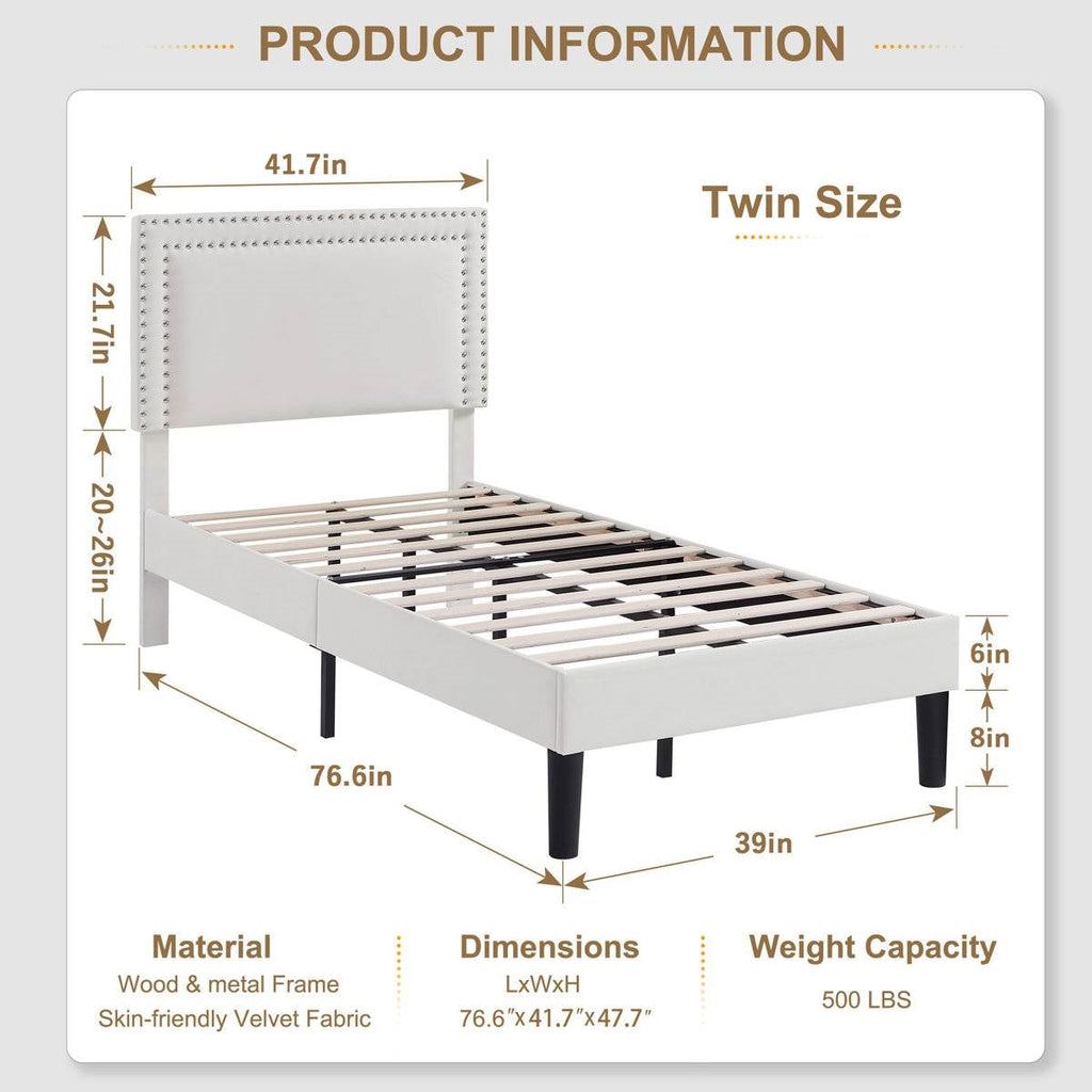 Set of 2 - Twin size White Tufted Upholstered Platform Bed Frame with Headboard HomePacific
