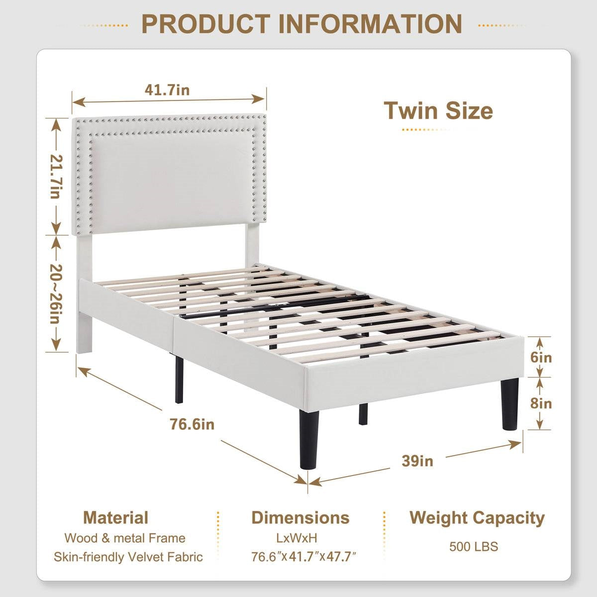 Set of 2 - Twin size White Tufted Upholstered Platform Bed Frame with Headboard HomePacific