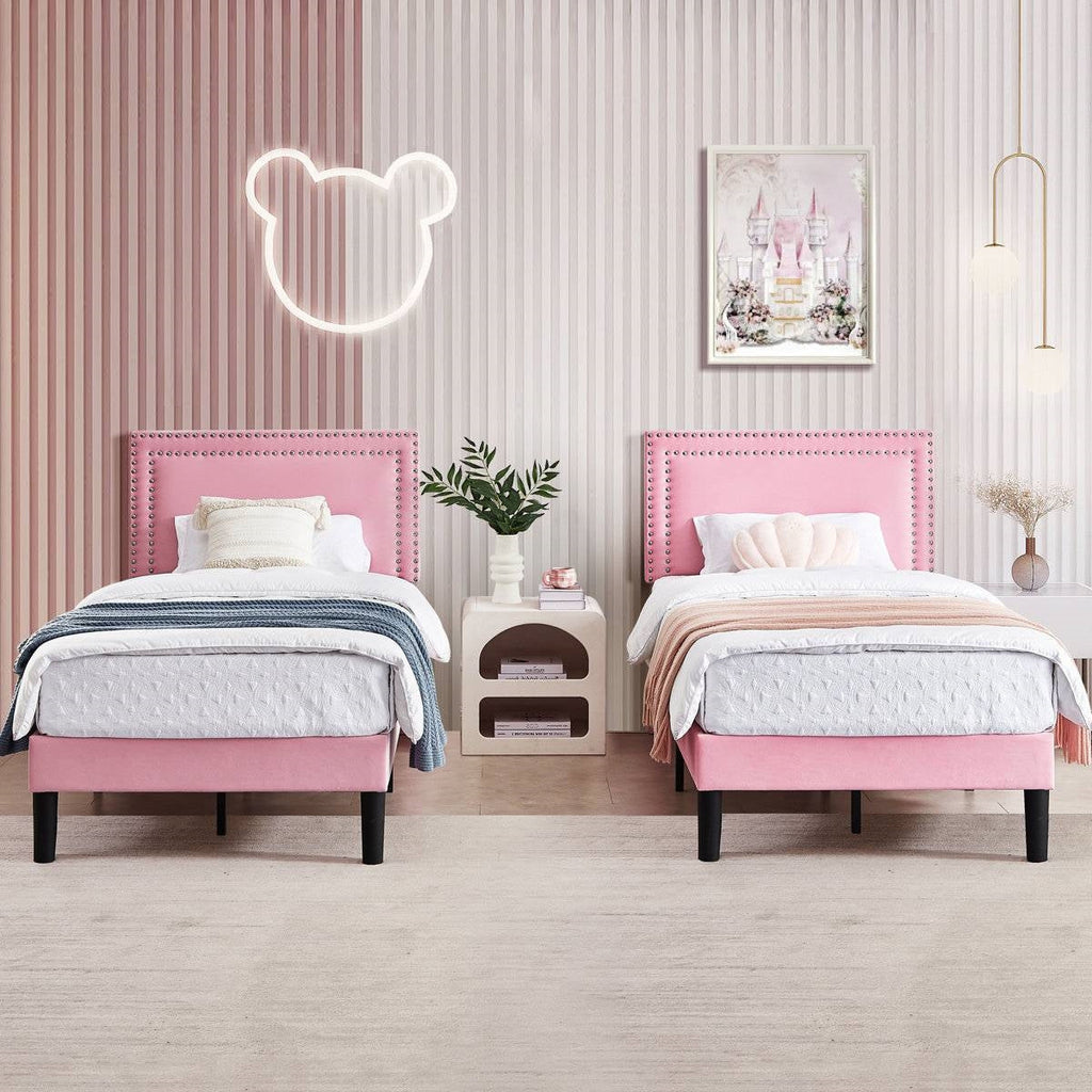 Set of 2 - Twin size Pink Upholstered Platform Bed with Nailhead Trim Headboard HomePacific