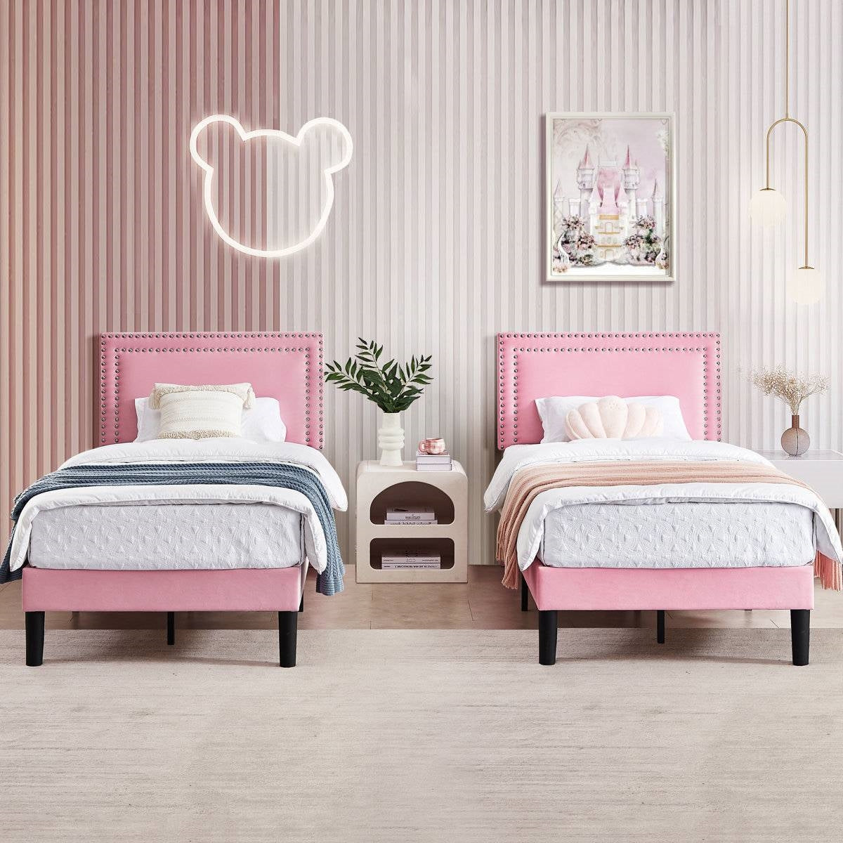 Set of 2 - Twin size Pink Upholstered Platform Bed with Nailhead Trim Headboard HomePacific