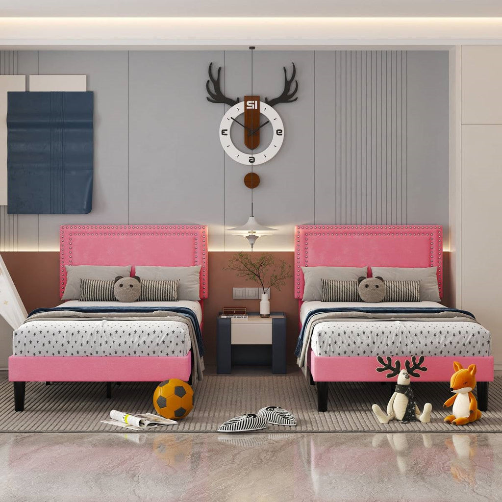 Set of 2 - Twin size Pink Upholstered Platform Bed with Nailhead Trim Headboard HomePacific