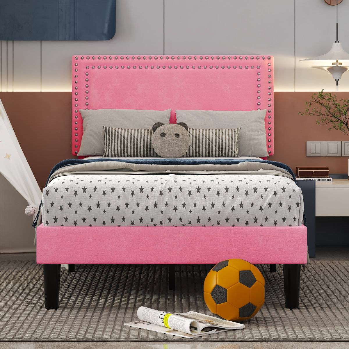Set of 2 - Twin size Pink Upholstered Platform Bed with Nailhead Trim Headboard HomePacific