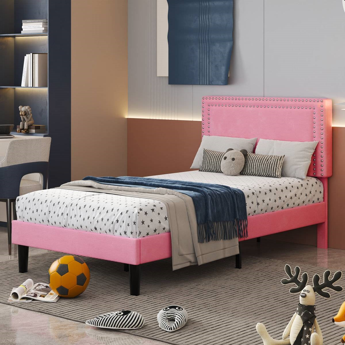 Set of 2 - Twin size Pink Upholstered Platform Bed with Nailhead Trim Headboard HomePacific