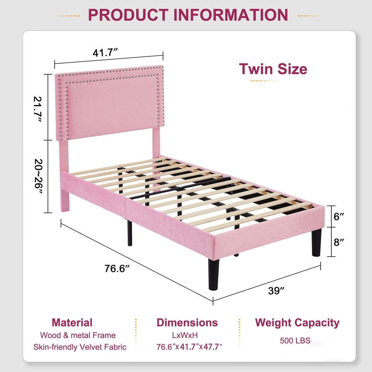 Set of 2 - Twin size Pink Upholstered Platform Bed with Nailhead Trim Headboard HomePacific
