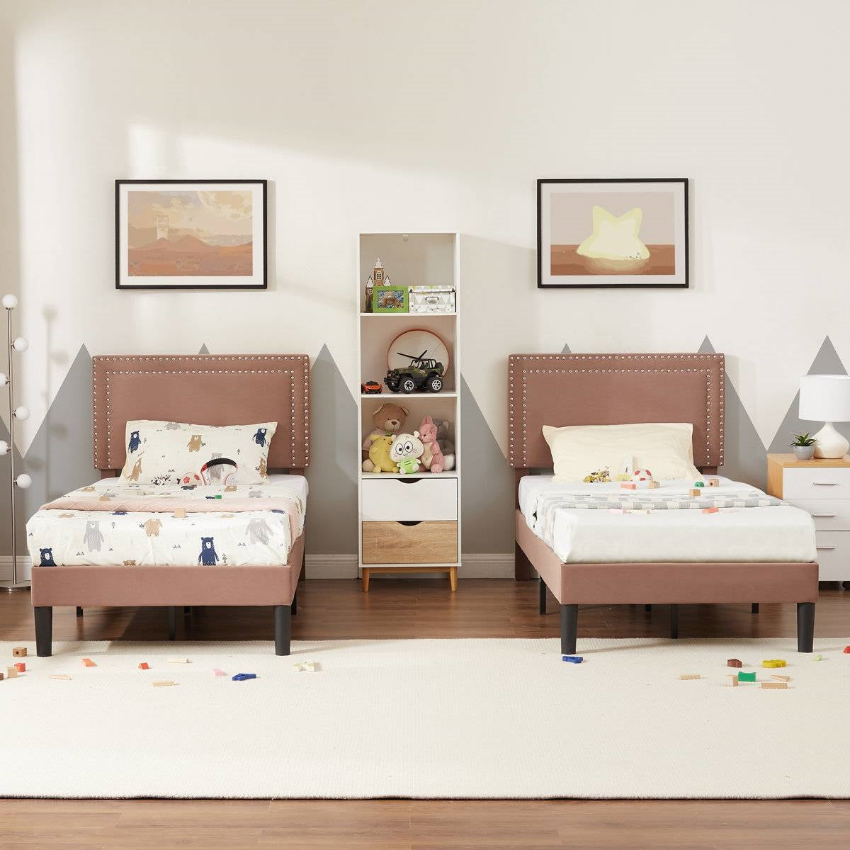 Set of 2 - Twin size Brown Tan Tufted Upholstered Platform Bed with Headboard HomePacific