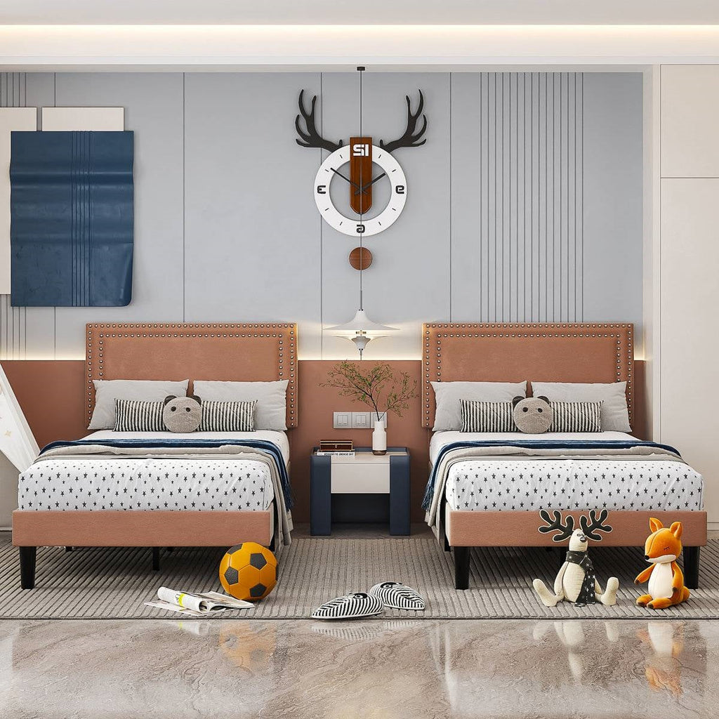 Set of 2 - Twin size Brown Tan Tufted Upholstered Platform Bed with Headboard HomePacific
