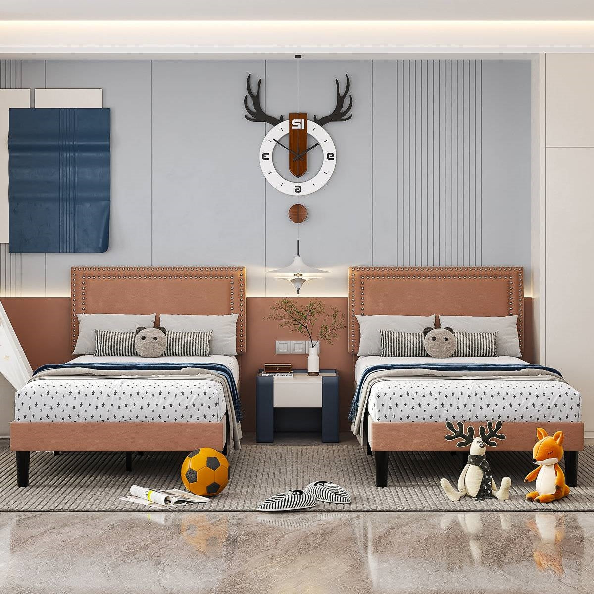Set of 2 - Twin size Brown Tan Tufted Upholstered Platform Bed with Headboard HomePacific
