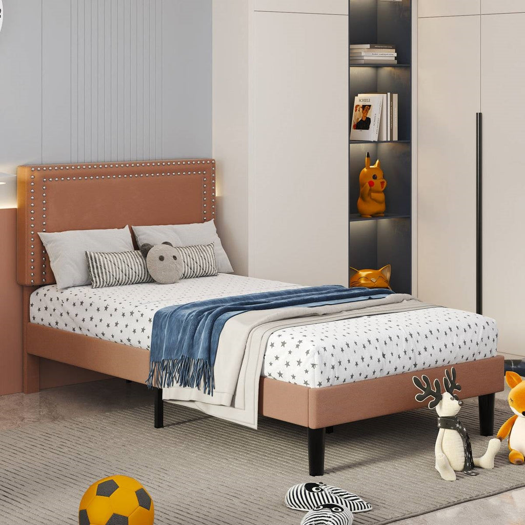 Set of 2 - Twin size Brown Tan Tufted Upholstered Platform Bed with Headboard HomePacific