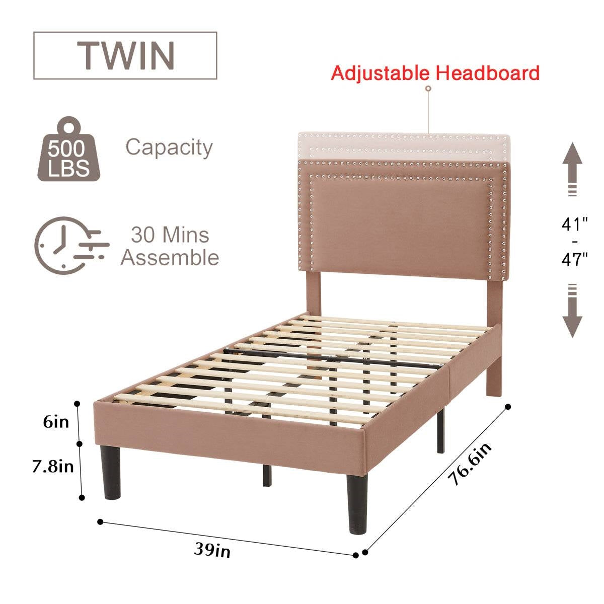 Set of 2 - Twin size Brown Tan Tufted Upholstered Platform Bed with Headboard HomePacific