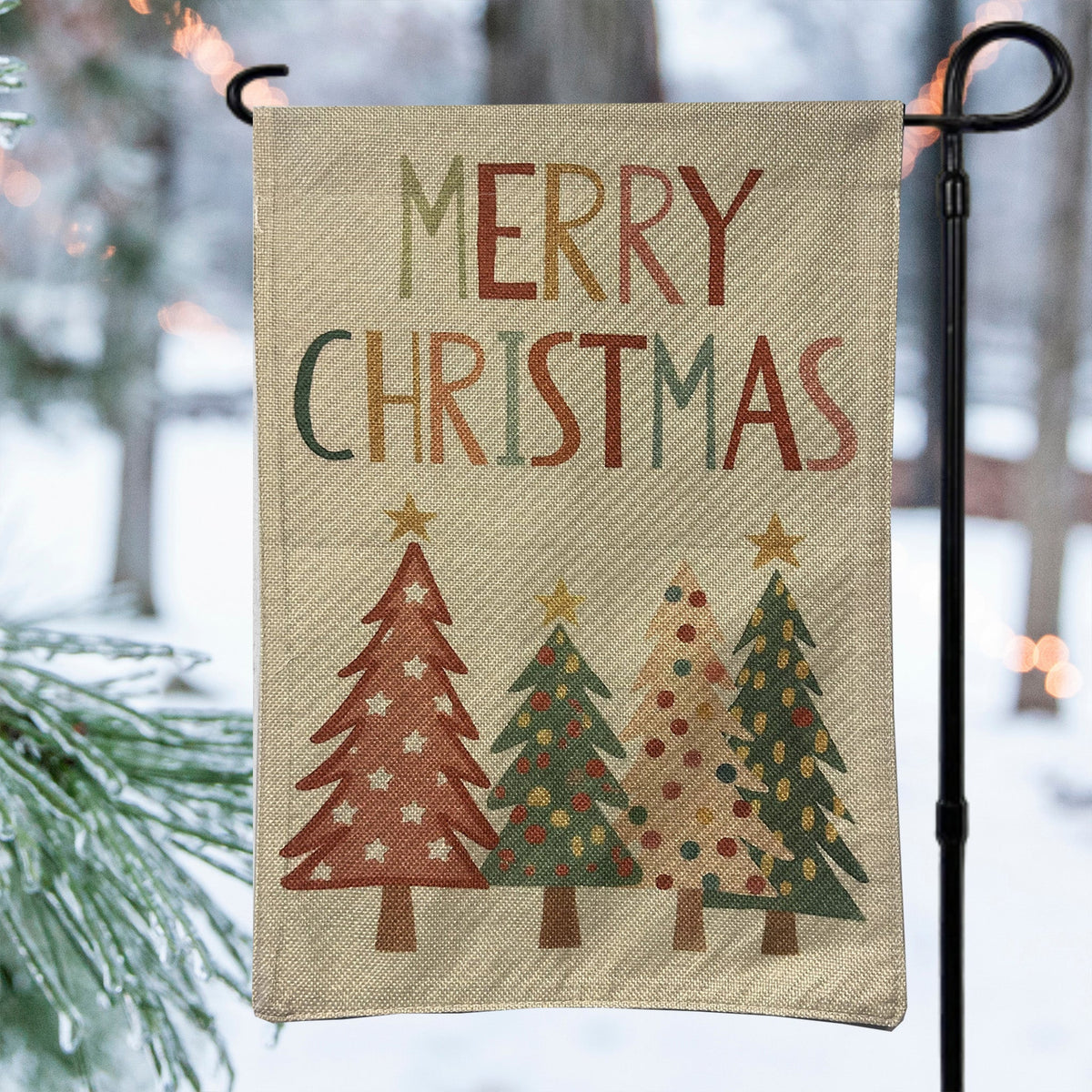 White Merry Christmas Trees Garden Flag Cotton and Crate