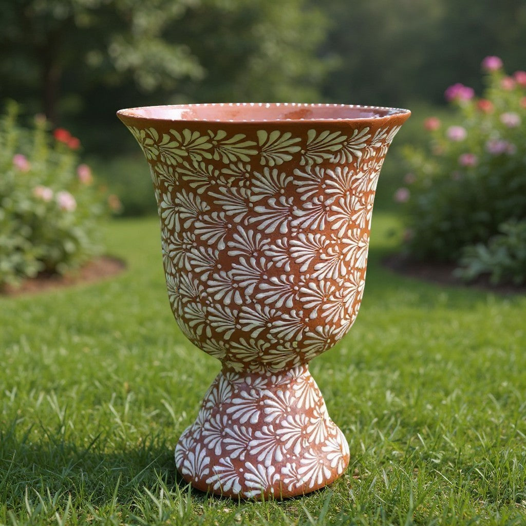 XL Brown & White Talavera Pedestal Planter | Handmade Flower Pot The Talavera Hub