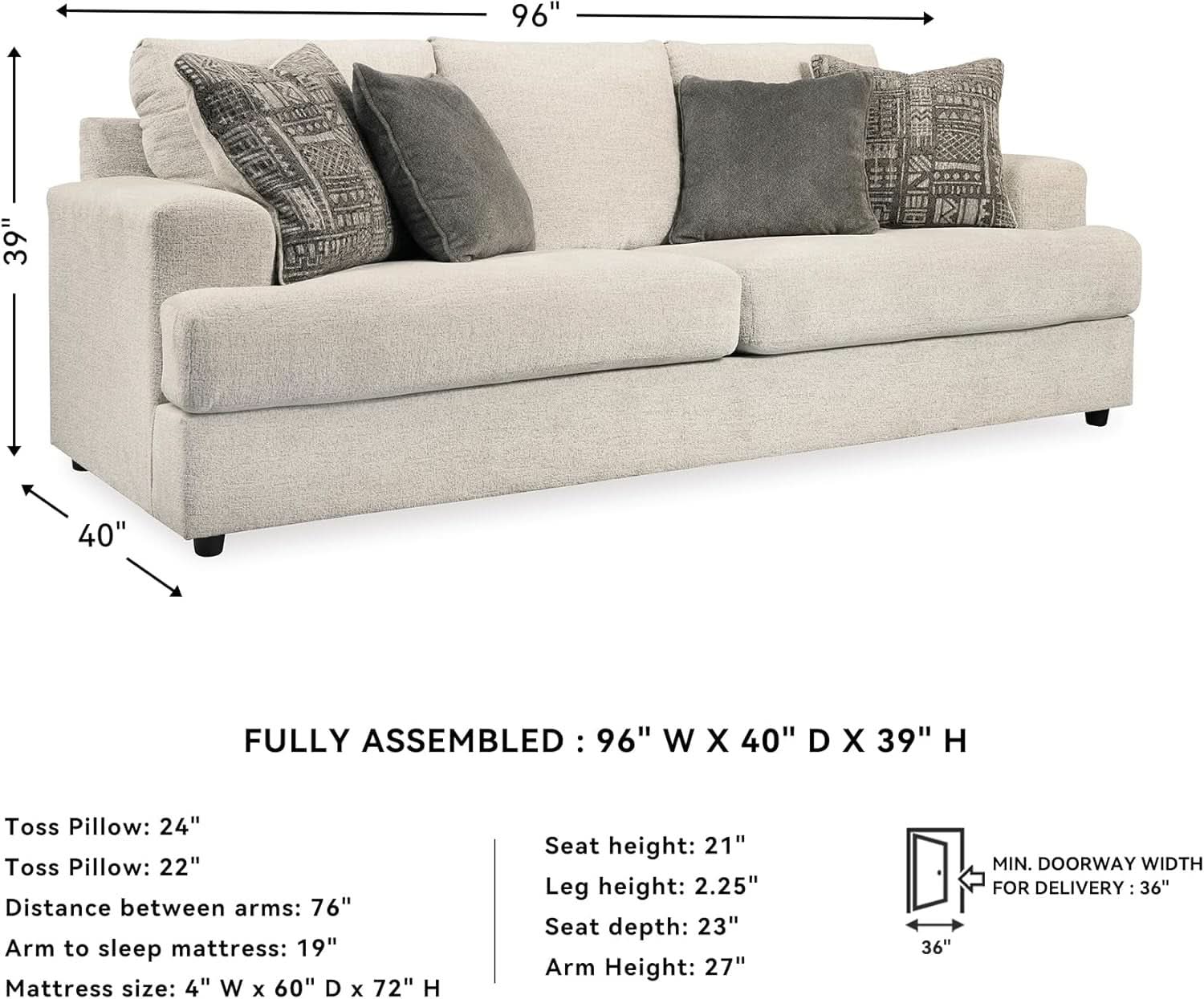 Soletren Premium Chenille Queen Sofa Sleeper White ShipItFurniture