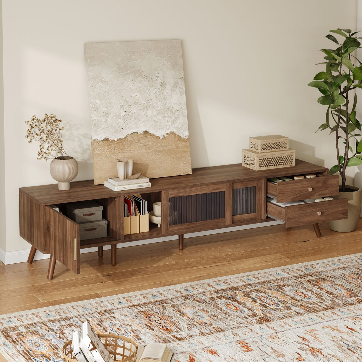 Doors TV Stand For TVs Up To 85", Entertainment Center With Storage Cabinets, TV Media Console Table For Living Room - Natural Unique Piece Furniture