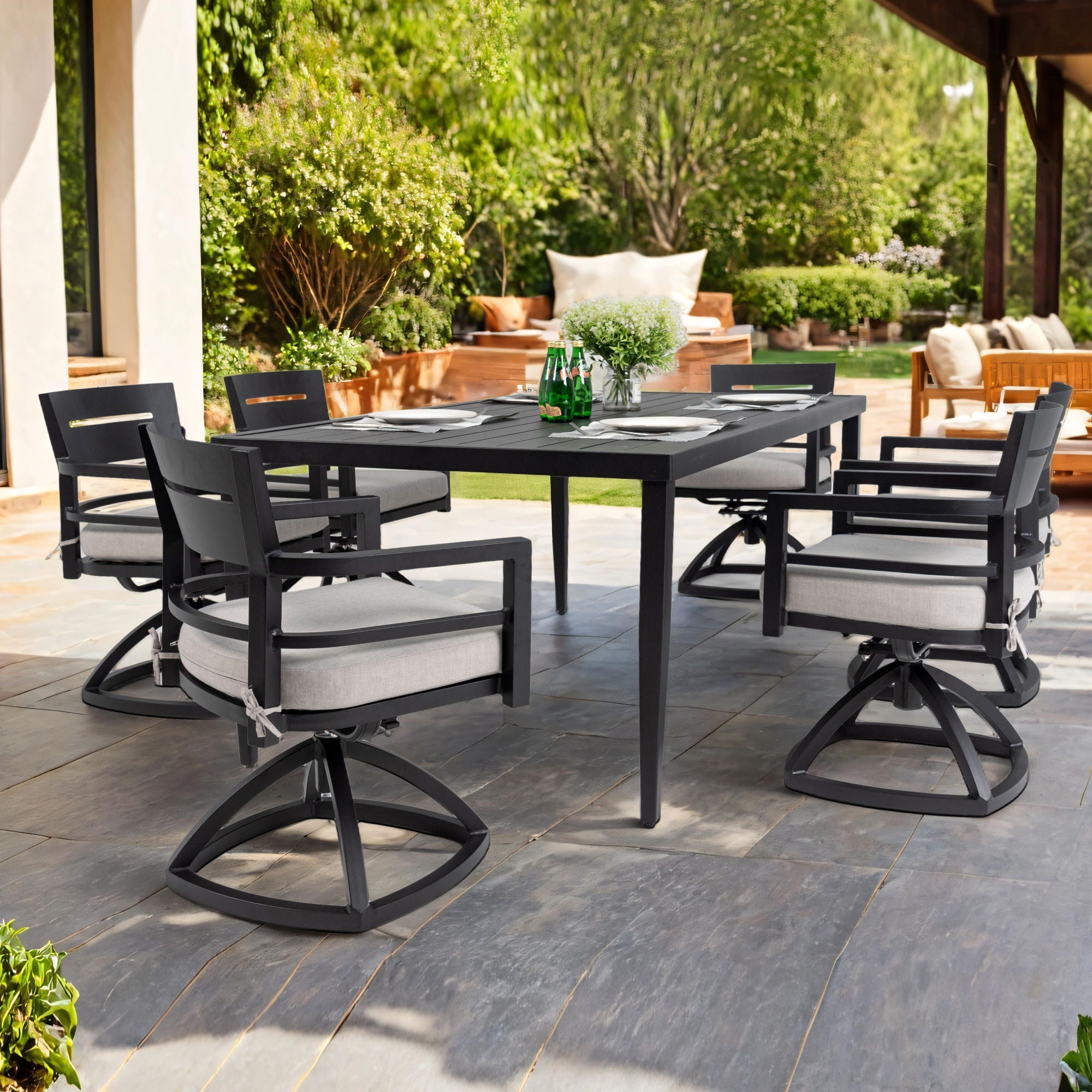 Outdoor Modern Dining Set, Chairs Sunbrella Cushioned And Dining Table With Umbrella Hole Unique Piece Furniture