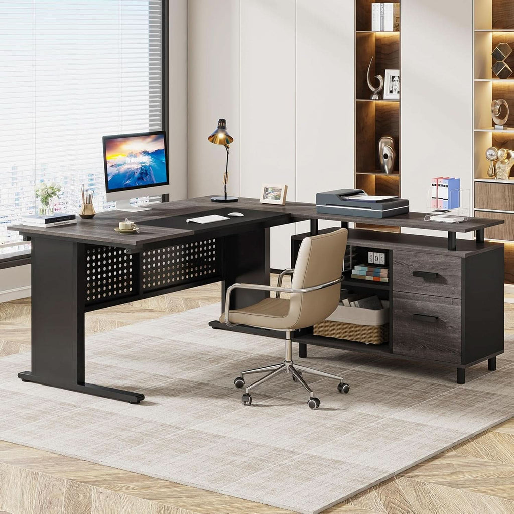 63 Inch Executive Desk With Integrated Cabinet Gray ShipItFurniture
