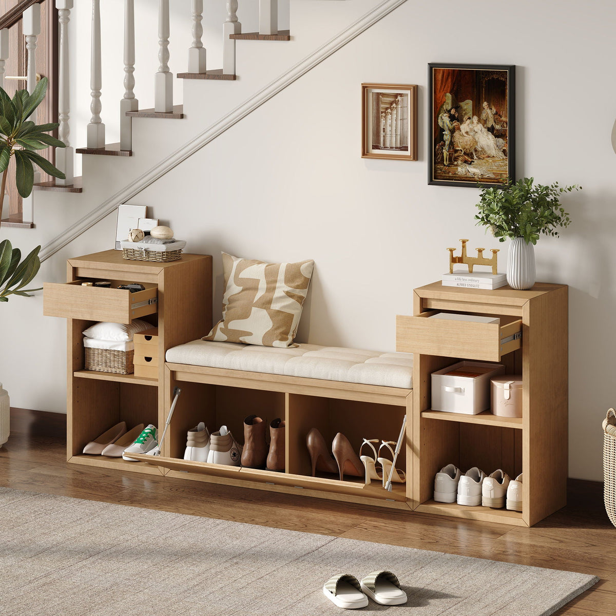 Entryway Storage Bench With Cushion, Drawers & Open Shelves Unique Piece Furniture