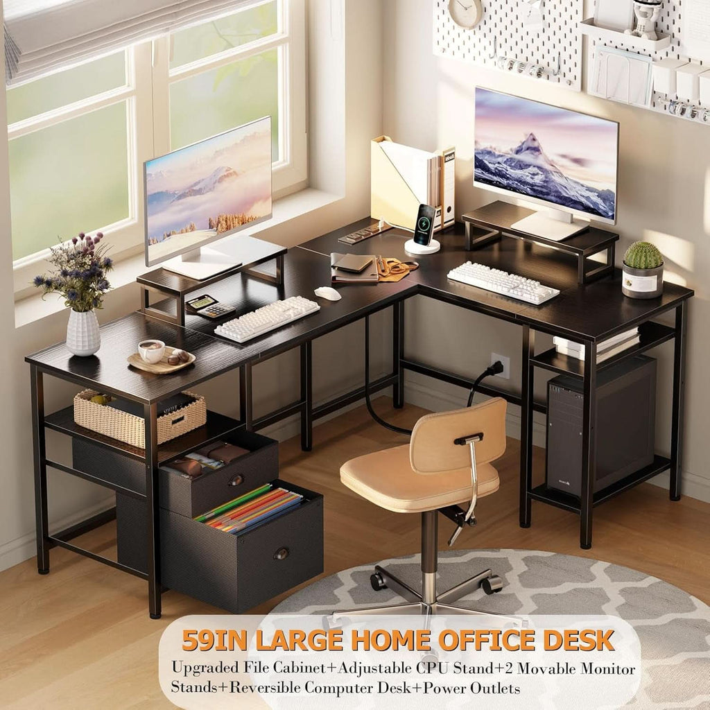 Fifty Nine Inch L Shaped Desk With Black Storage Drawers Unit ShipItFurniture