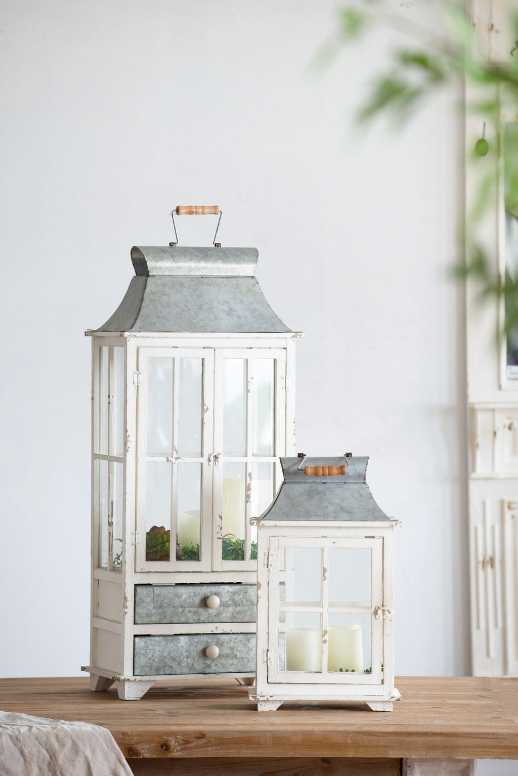 Wooden Candle Lantern Decorative, Hurricane Lantern Holder Decor For Indoor Outdoor, Home Garden Wedding - Ivory Unique Piece Furniture