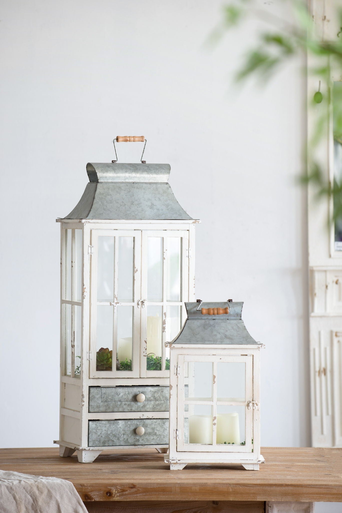 Wooden Candle Lantern Decorative, Hurricane Lantern Holder Decor For Indoor Outdoor, Home Garden Wedding - Ivory Unique Piece Furniture