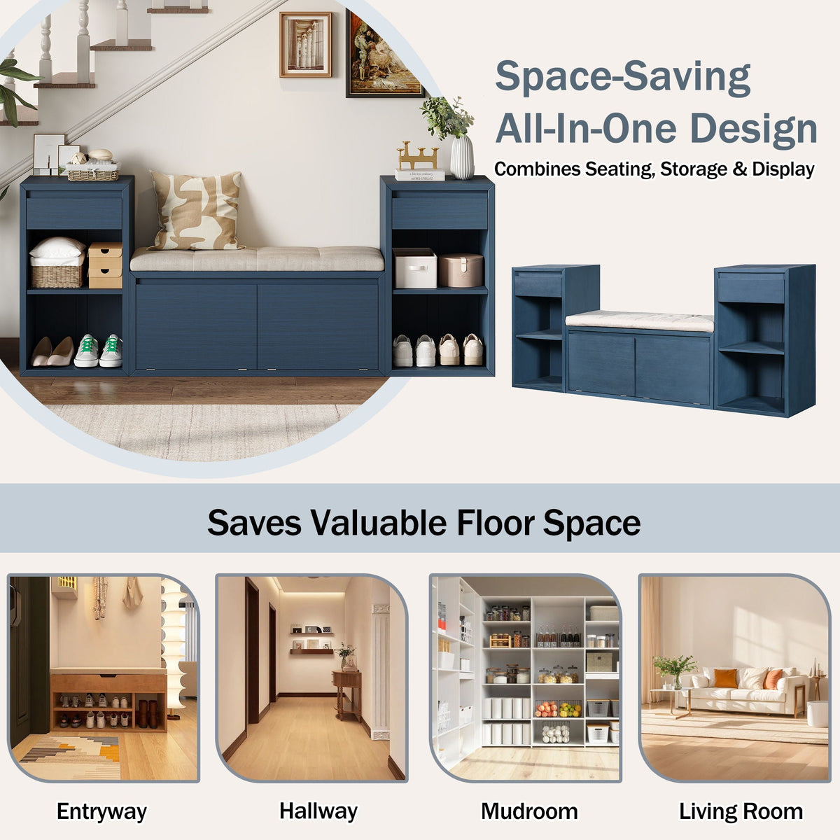 Entryway Storage Bench With Cushion, Drawers & Open Shelves Unique Piece Furniture