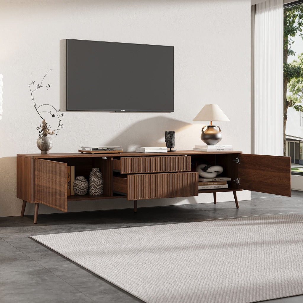 Fluted TV Stand With Storage Drawers And Cabinets For TVs Up To 80", Soft-Close Hinges, Cable Management - Walnut Unique Piece Furniture