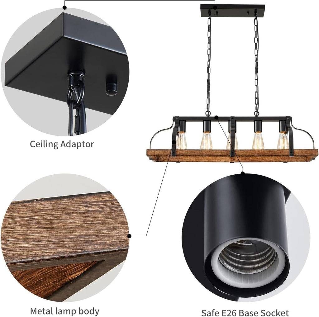 5-Light Metal Linear Chandelier Imitation Wood Grain Farmhouse Decor