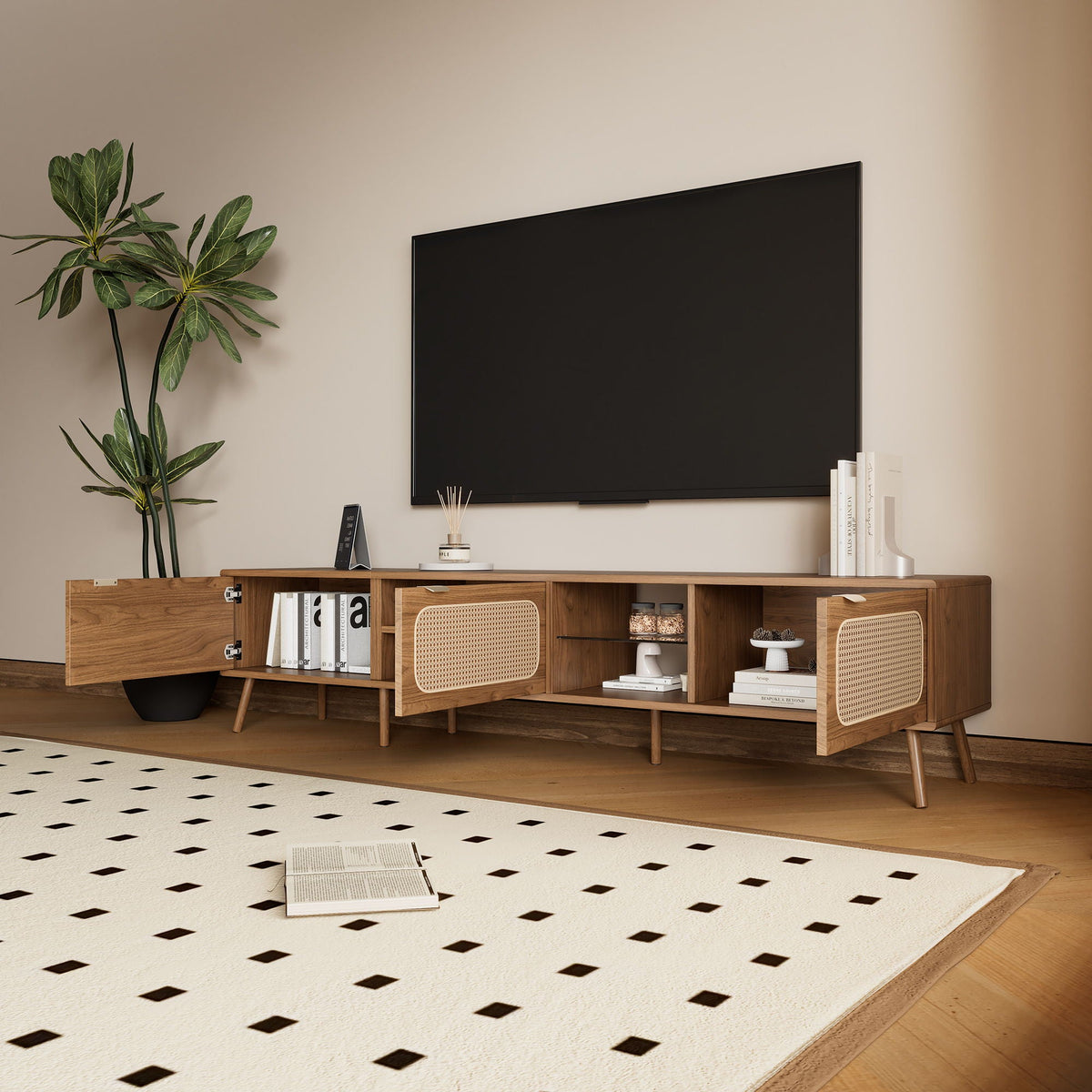 78" TV Stand With Ample Storage And Open Shelving - Walnut Unique Piece Furniture