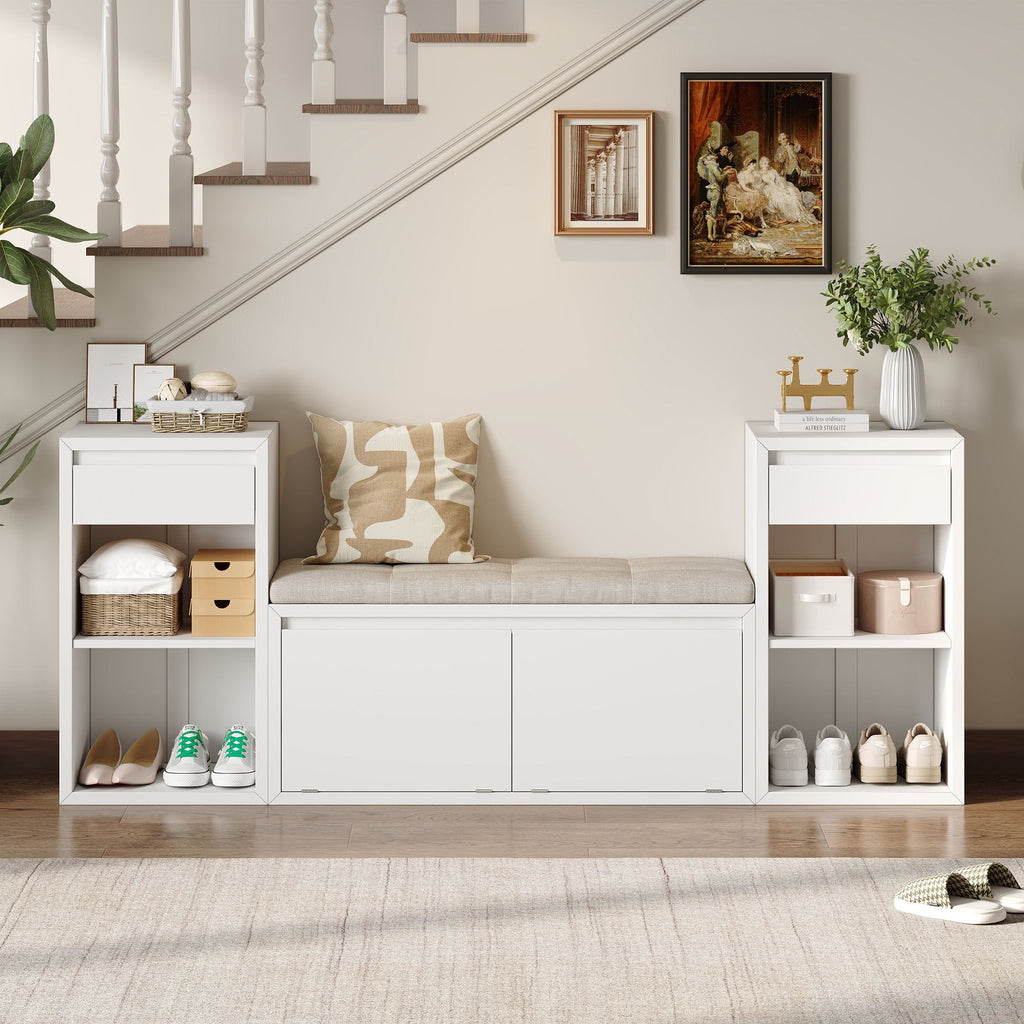 Entryway Storage Bench With Cushion, Drawers & Open Shelves Unique Piece Furniture