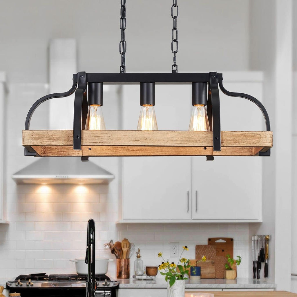 5-Light Metal Linear Chandelier Imitation Wood Grain Farmhouse Decor