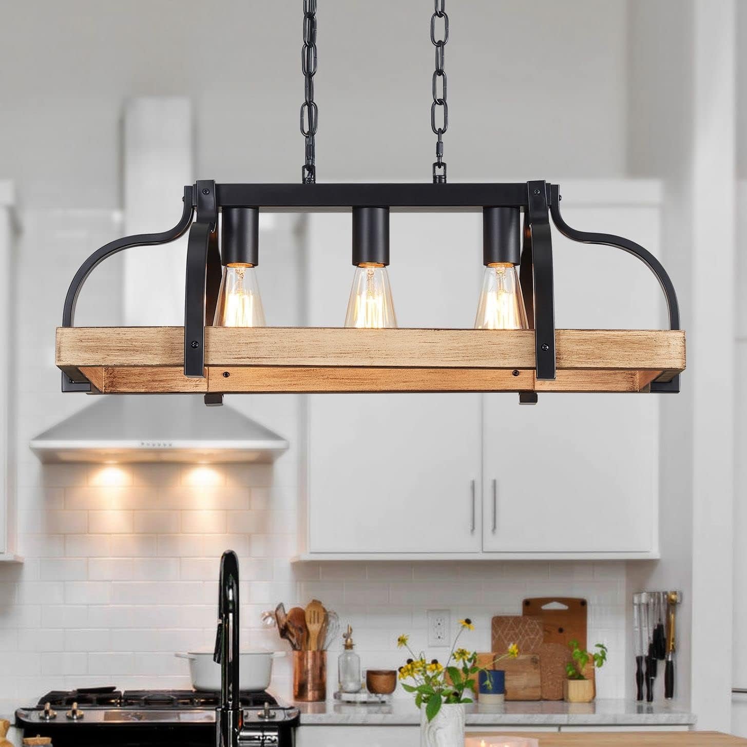 5-Light Metal Linear Chandelier Imitation Wood Grain Farmhouse Decor
