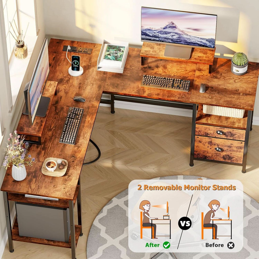 Fifty Nine Inch L Shaped Desk With Power Outlet And Storage Shelves ShipItFurniture
