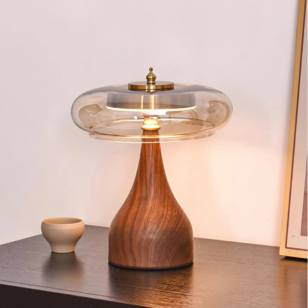 Modern Wooden & Glass Table Lamp | Minimalist Mushroom Desk Light VietmadeHomeArt