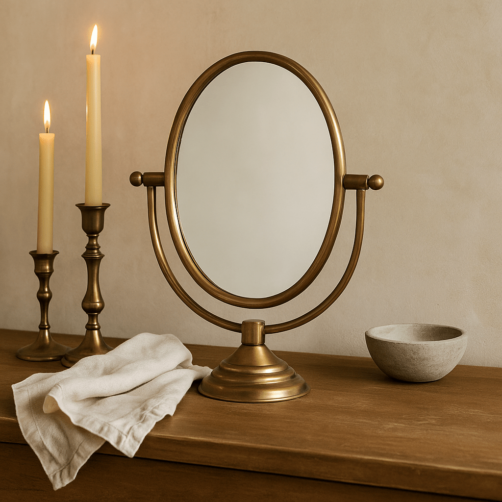 Austine Framed Mirror on Stand – Antique Brass Finish White Cliff Studio