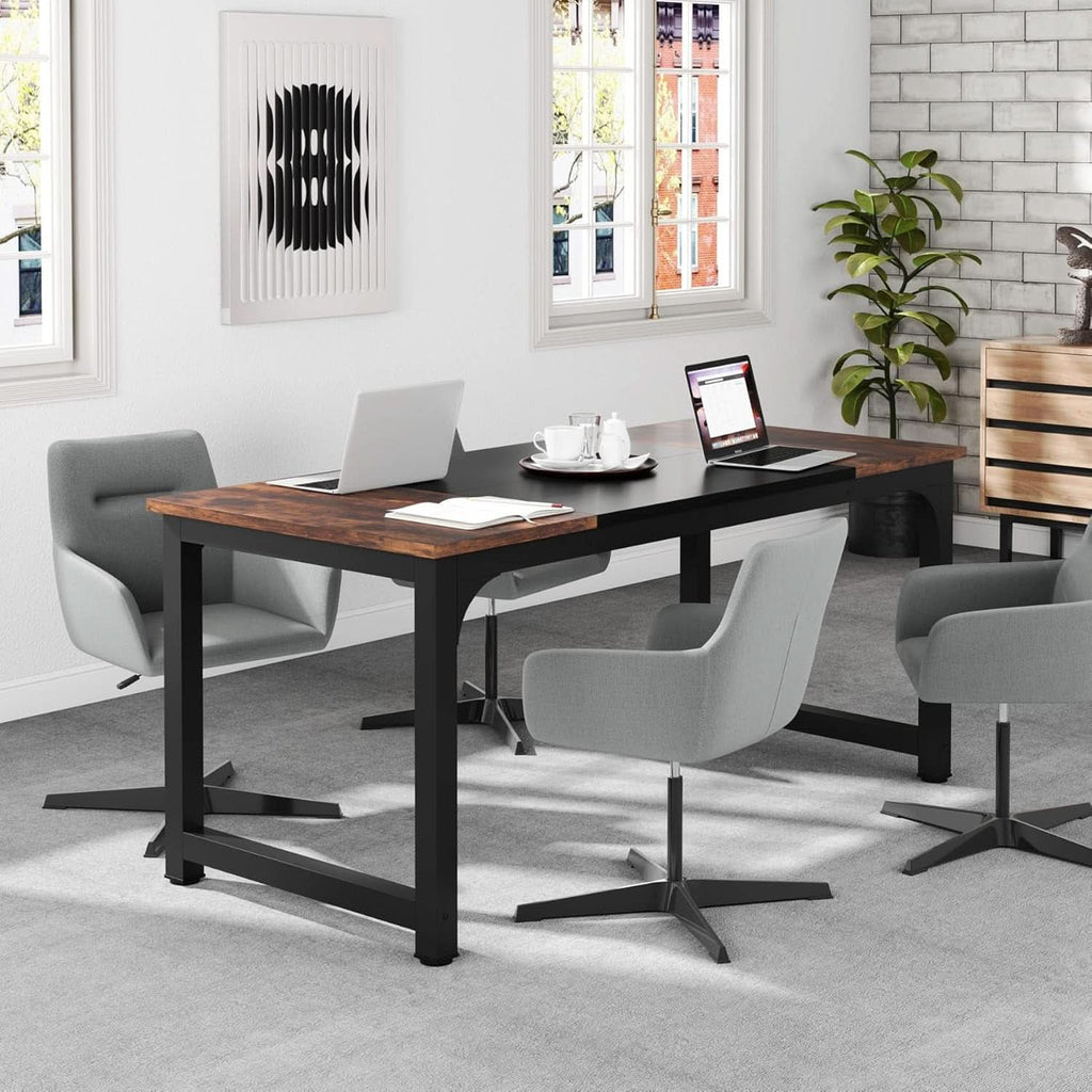 63 Inch Executive Desk Two Tone Brown Black Heavy Duty Frame ShipItFurniture
