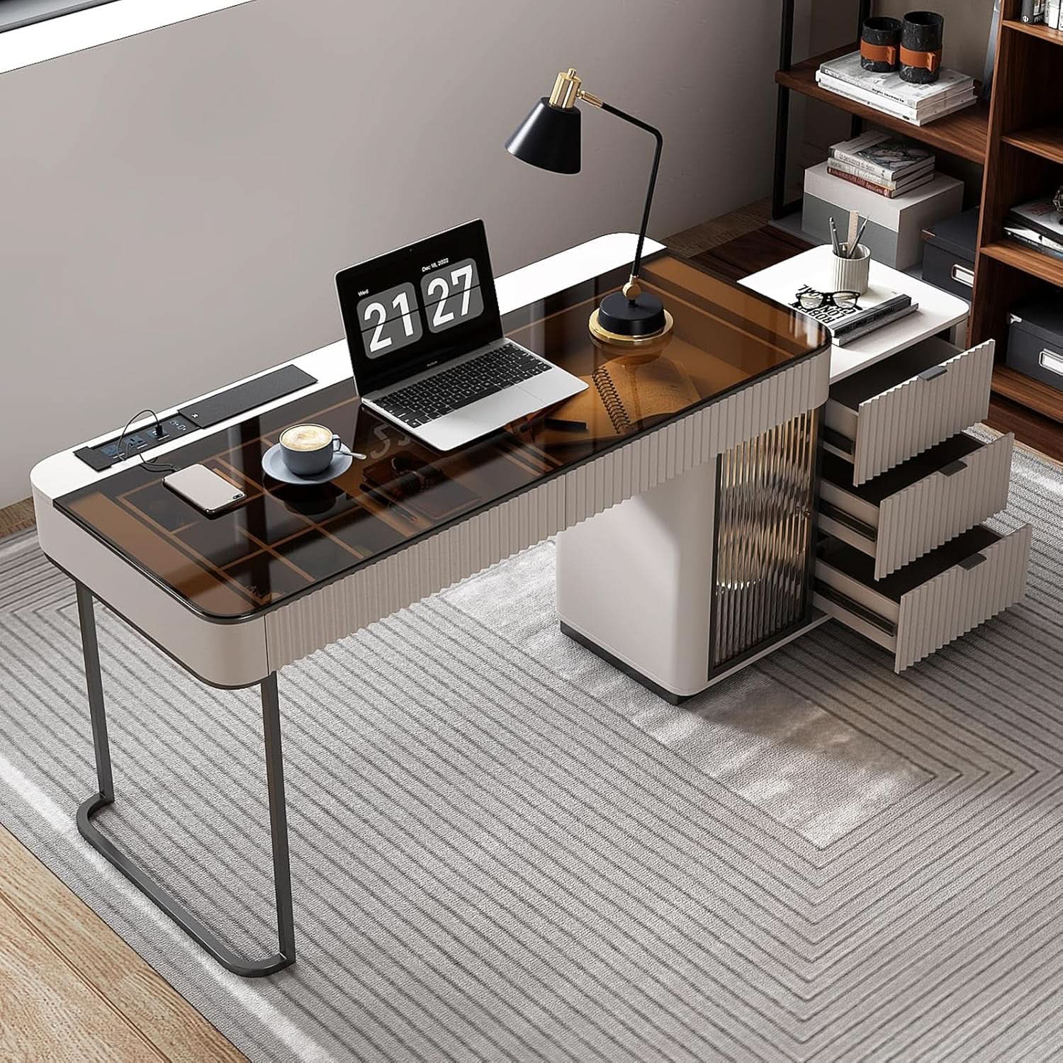 Ivory 50 Inch Office Computer Desk With Cabinet LED lights ShipItFurniture