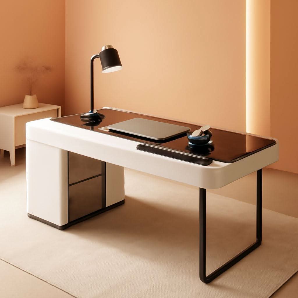 Ivory 50 Inch Office Computer Desk With Cabinet LED lights ShipItFurniture