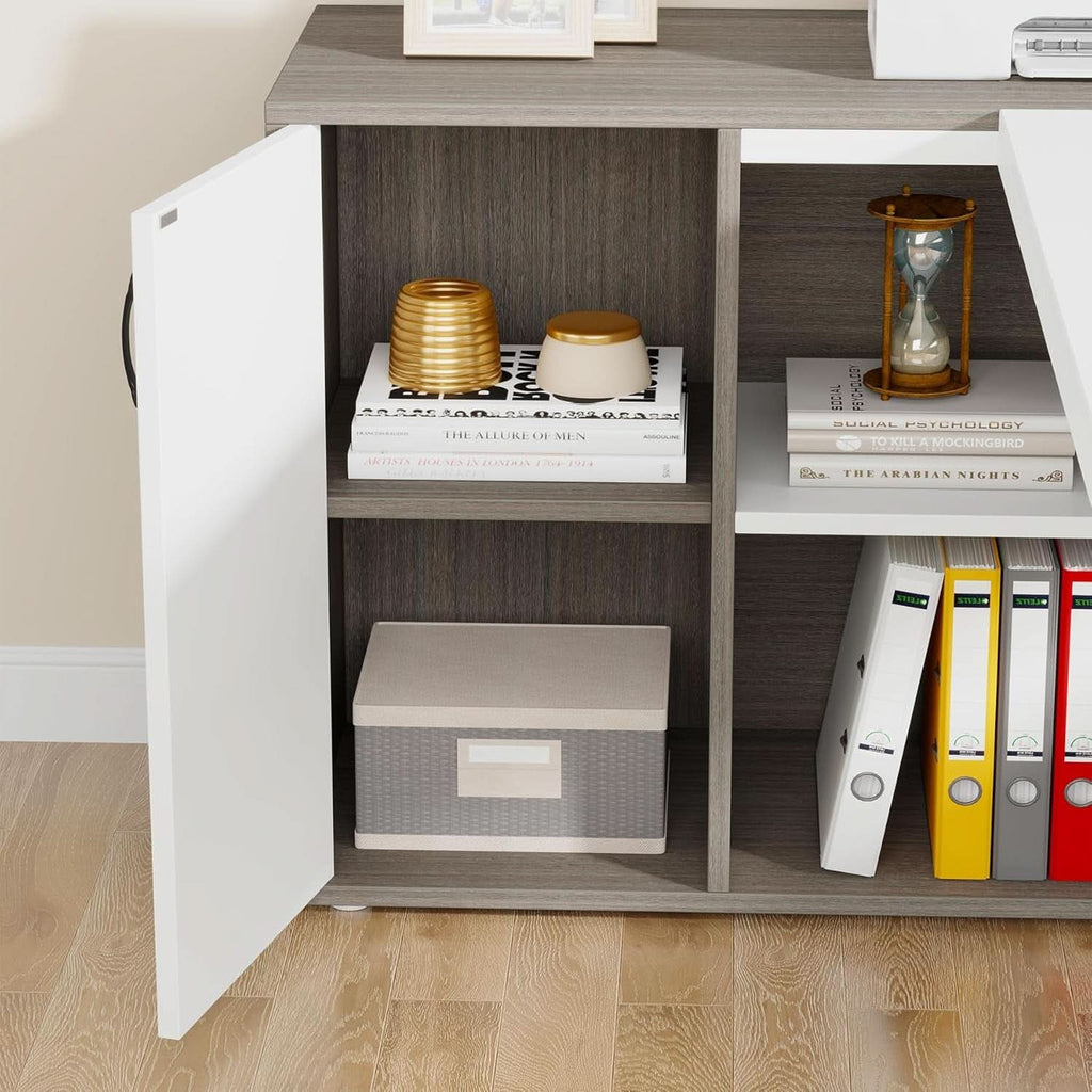 71 Inch Executive L Shaped Desk Cabinets Gray And White ShipItFurniture