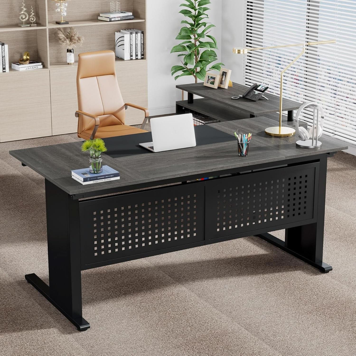 63 Inch Executive Desk With Integrated Cabinet Gray ShipItFurniture