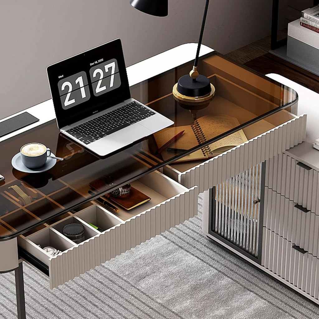 Ivory 50 Inch Office Computer Desk With Cabinet LED lights ShipItFurniture
