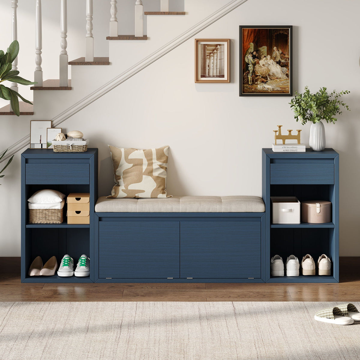 Entryway Storage Bench With Cushion, Drawers & Open Shelves Unique Piece Furniture