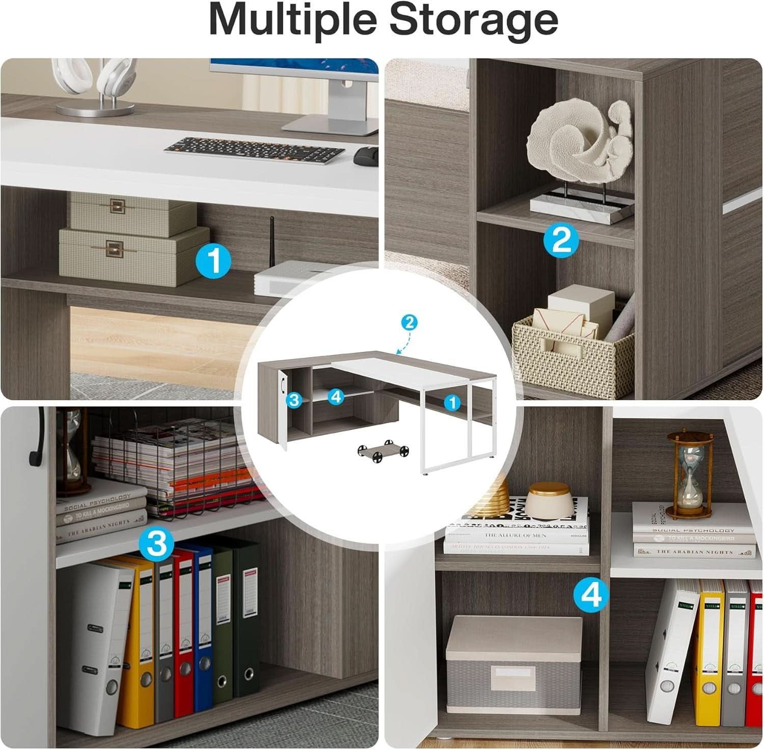 71 Inch Executive L Shaped Desk Cabinets Gray And White ShipItFurniture